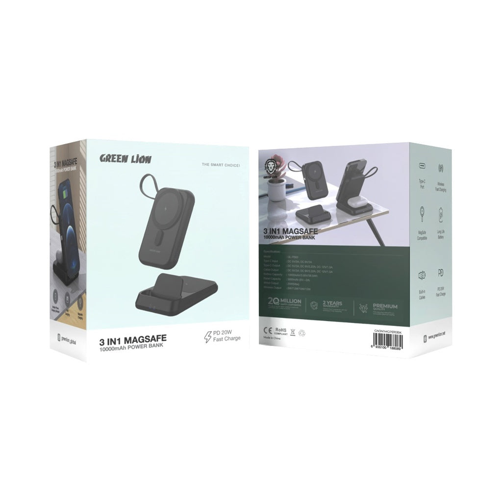 Green Lion 3 in 1 Magsafe 10000mAh Power Bank - Black