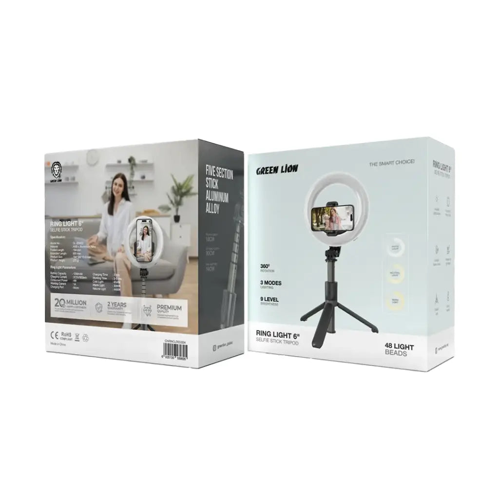 Green Lion Ring Light 6″ Selfie Stick - Black