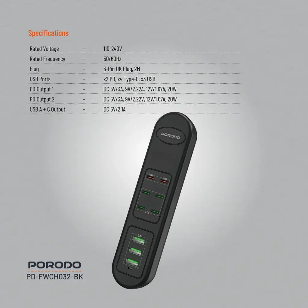 Porodo 50W Multi-Port USB Charging HUB - Black