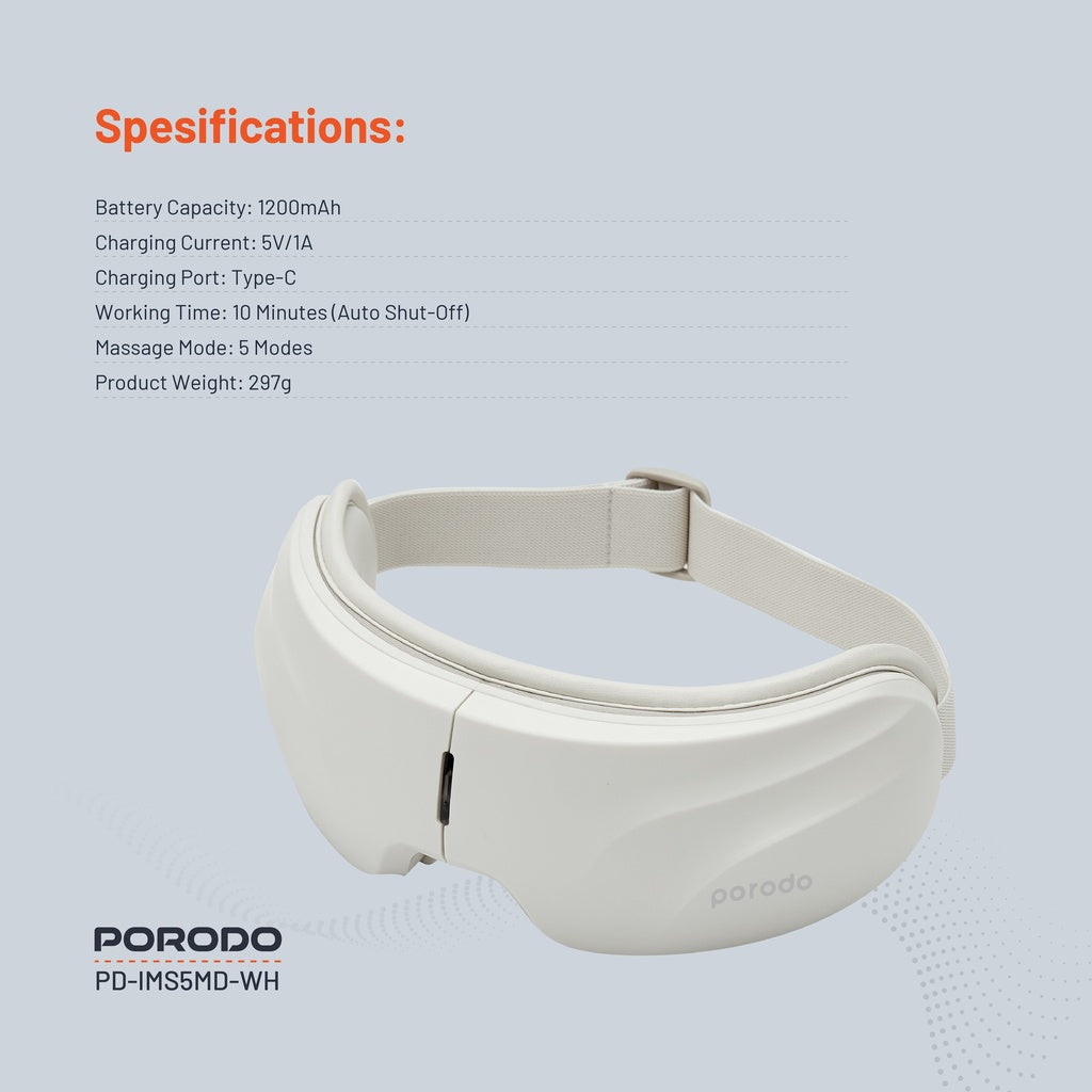 Porodo Rechargeable Eye Massager With Heat & Bluetooth Music - White