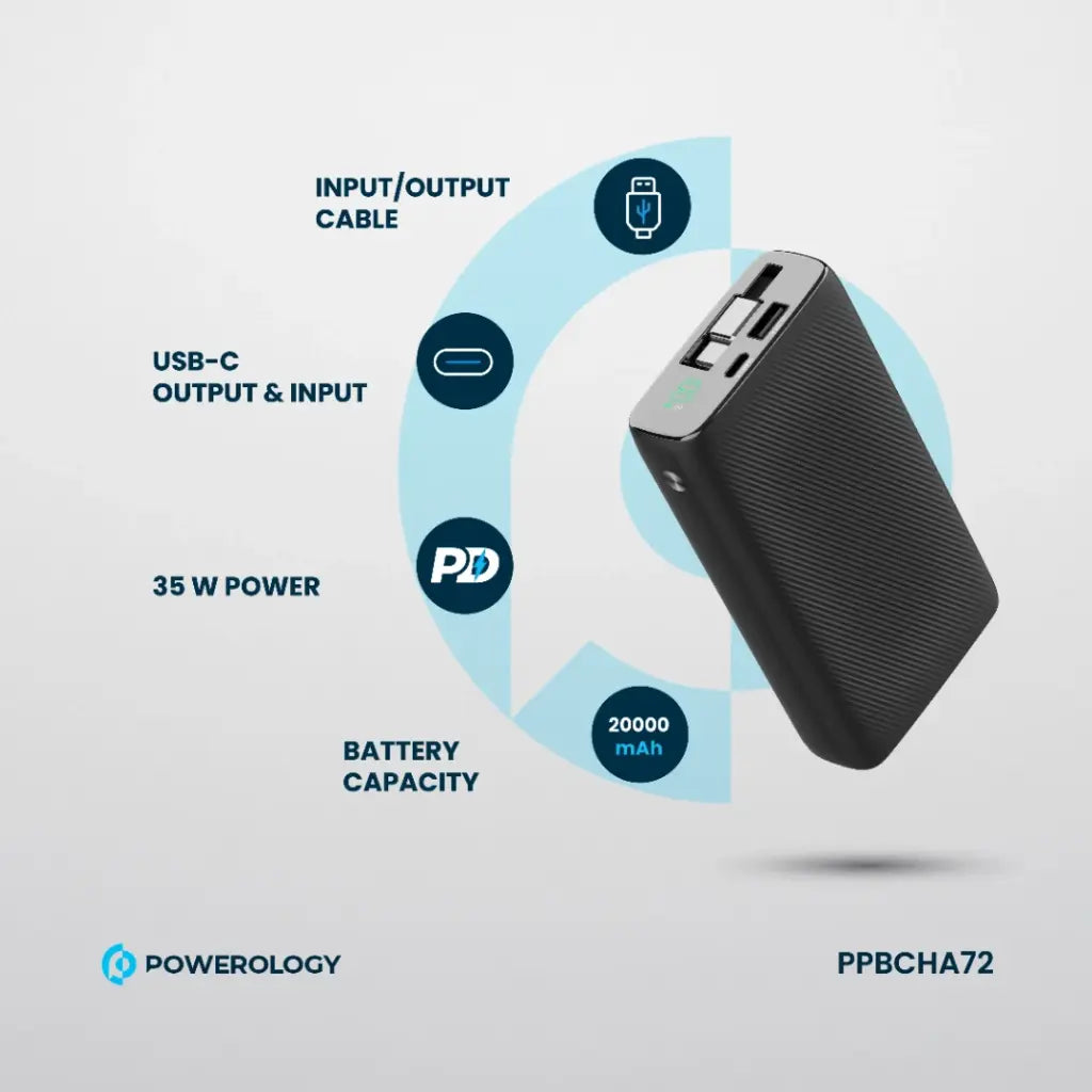 Powerology 20000mAh Retractable Cable Power Bank - Black