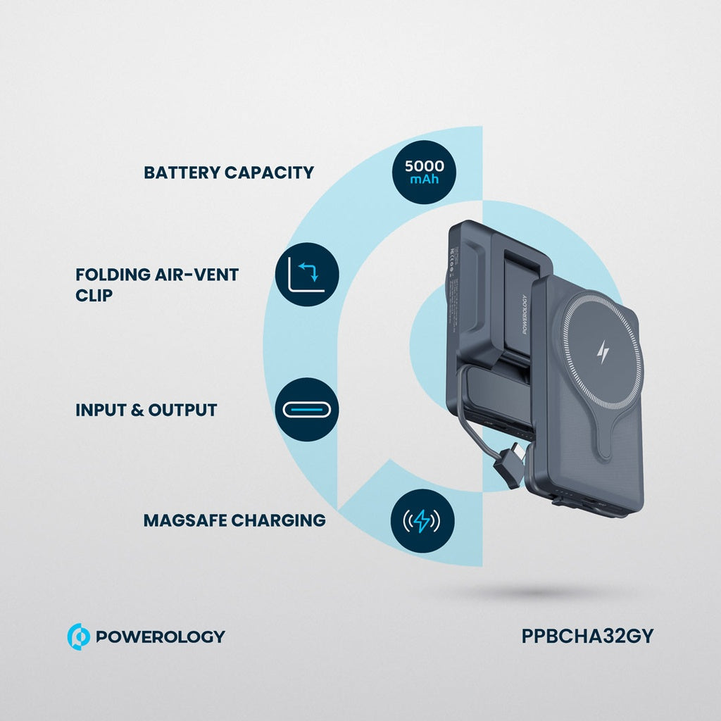 Powerology 5000mAh Power Bank With Magnetic Wireless Charger Car Mount