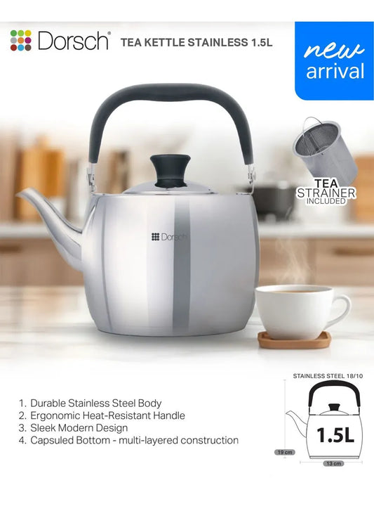 Dorsch 1.5L Stainless Steel Tea Kettle with Strainer and Multi-Layered Bottom DH-02920