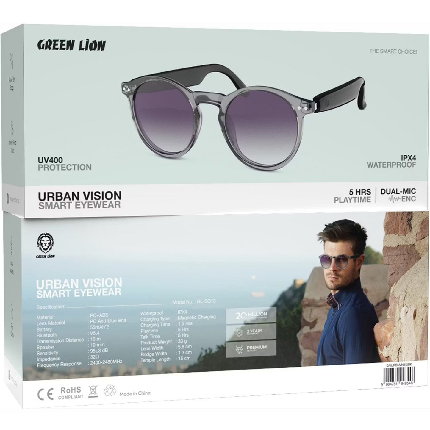 Green Lion Urban Vision Smart Eyewear with UV400 Protection - Black