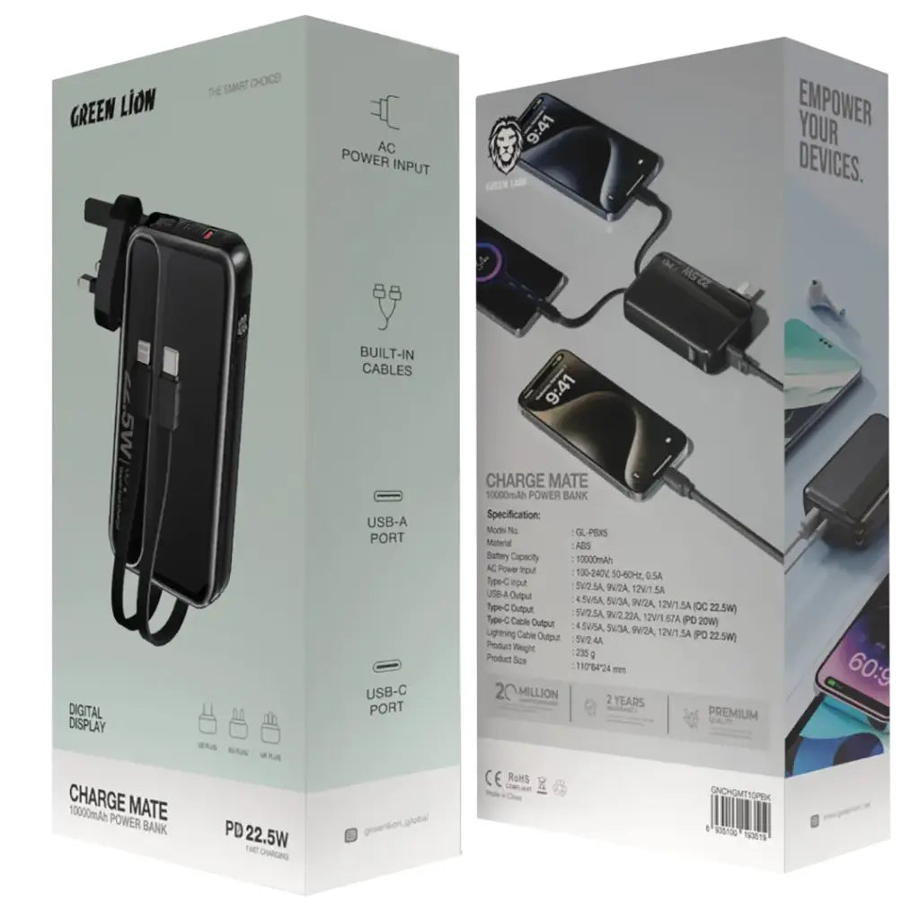 Green Lion Charge Mate Power Bank 10000 mAh PD 22.5W - Black