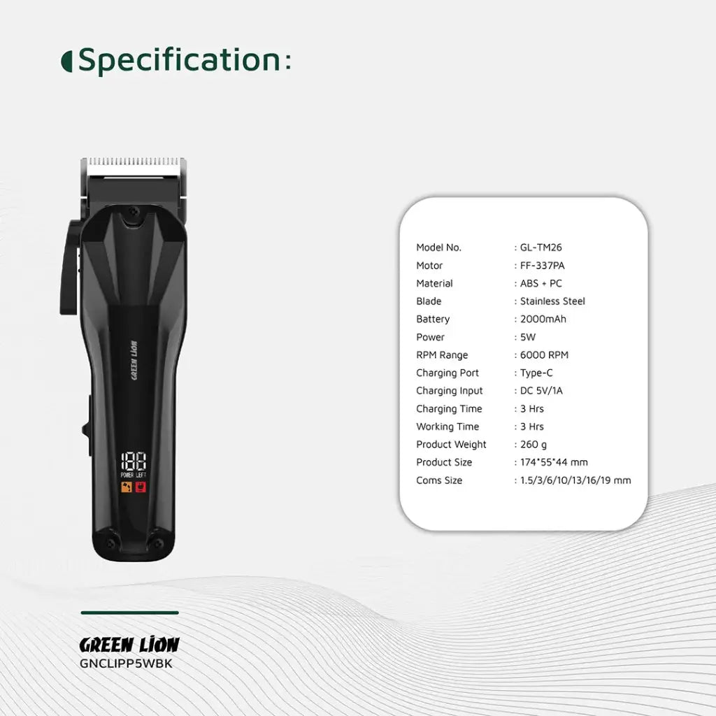 Green Lion Clip Pro Professional Hair Clipper - Black