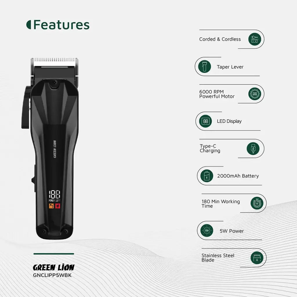 Green Lion Clip Pro Professional Hair Clipper - Black