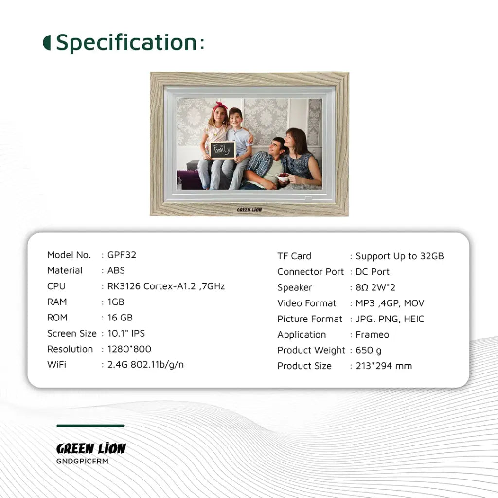 Green Lion Digital Picture Frame Touch Screen Display 10.1 Inch - Wooden