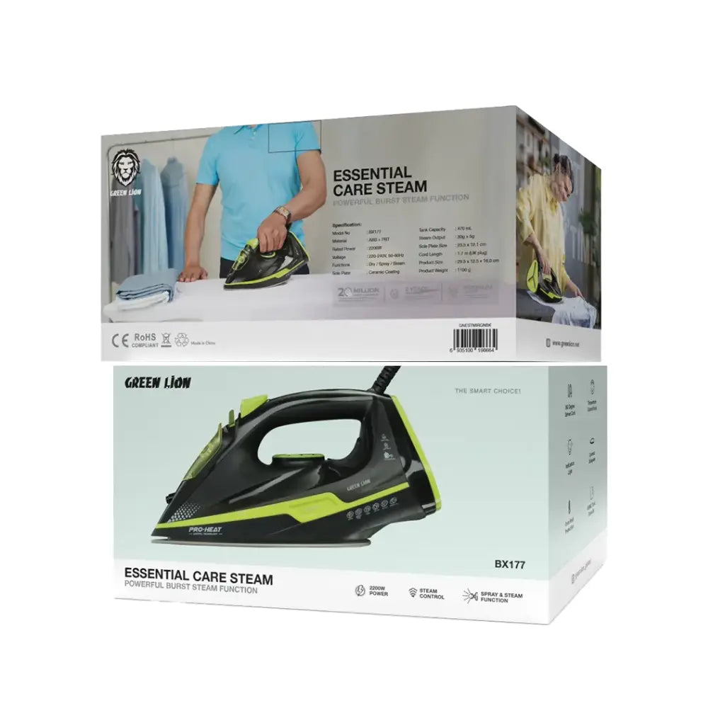 Green Lion Essential Care Steam Iron 2200W - Black and Green