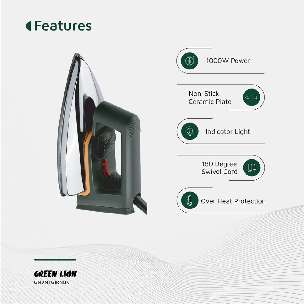 Green Lion Vintage Iron 1000W - Black and Silver