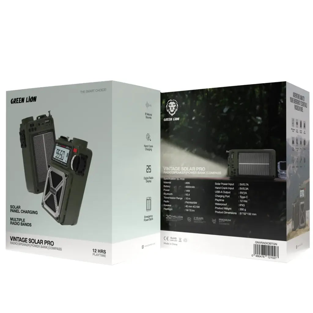 Green Lion Vintage Solar Pro Radio | Speaker | Power Bank | Compass | Flashlight - Green