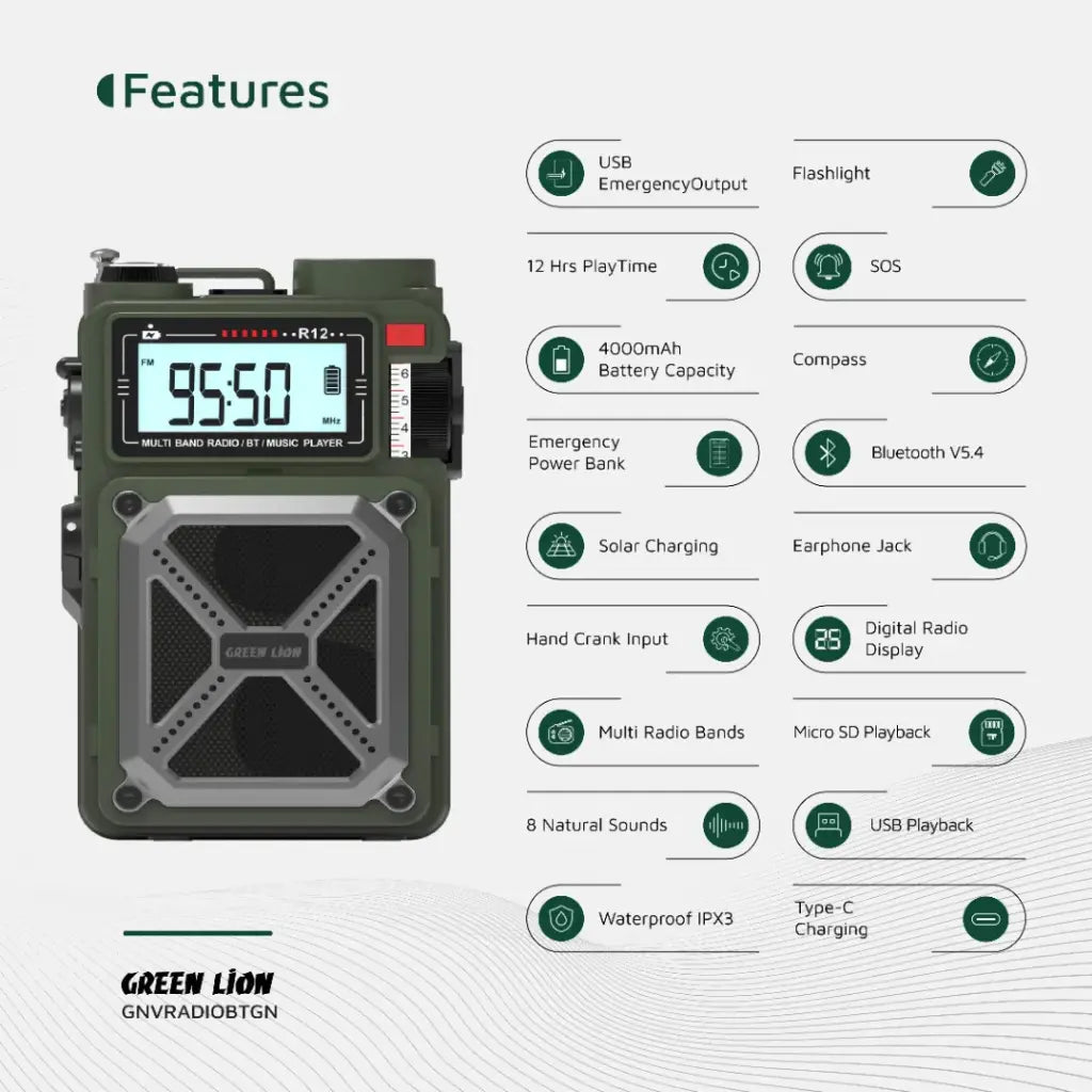 Green Lion Vintage Solar Pro Radio | Speaker | Power Bank | Compass | Flashlight - Green