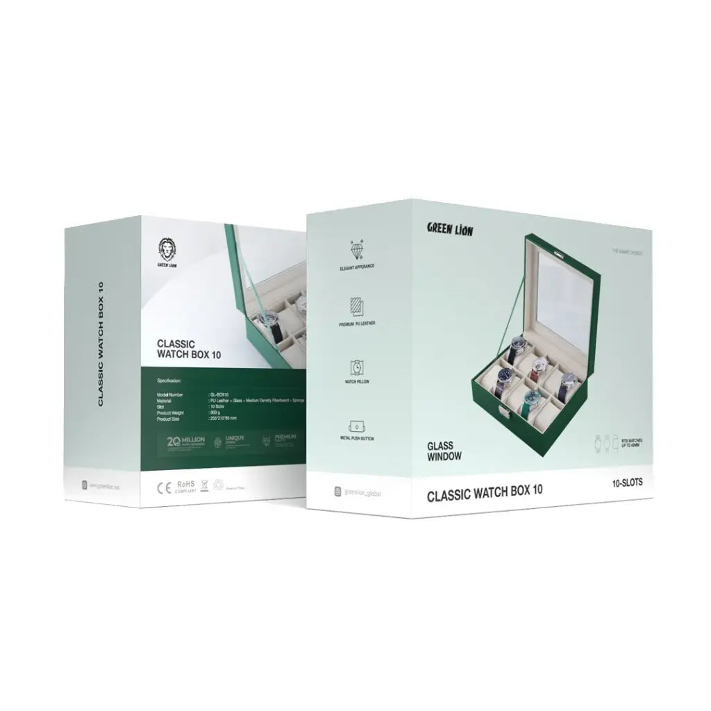 Green Lion classic Watch Box 10 slots with Glass - Green