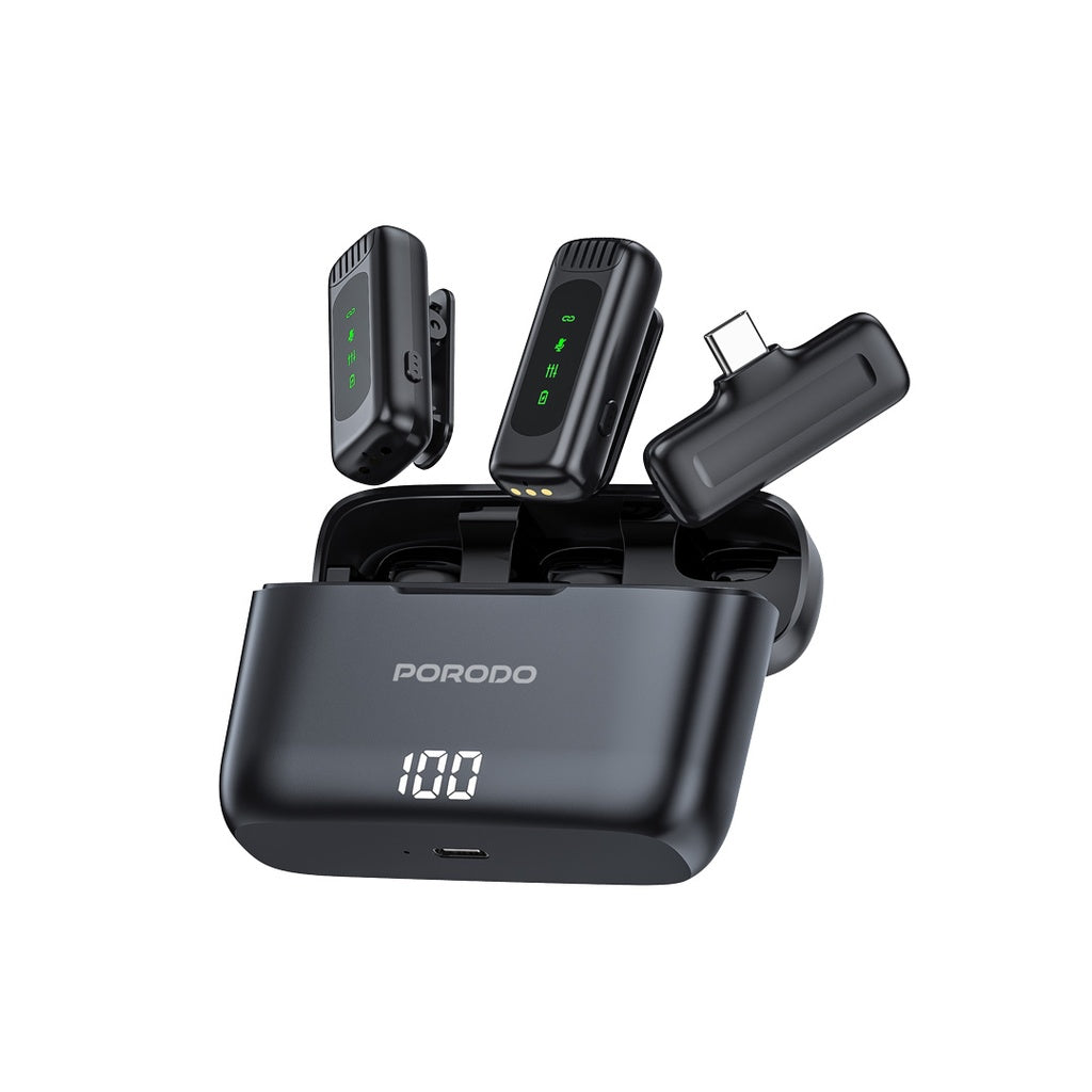 Porodo Lavalier Double Microphone with Charging Case - Black