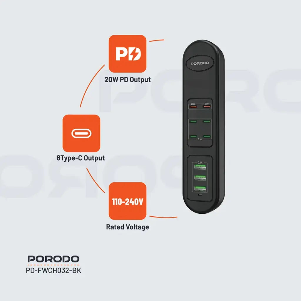 Porodo 50W Multi-Port USB Charging HUB - Black