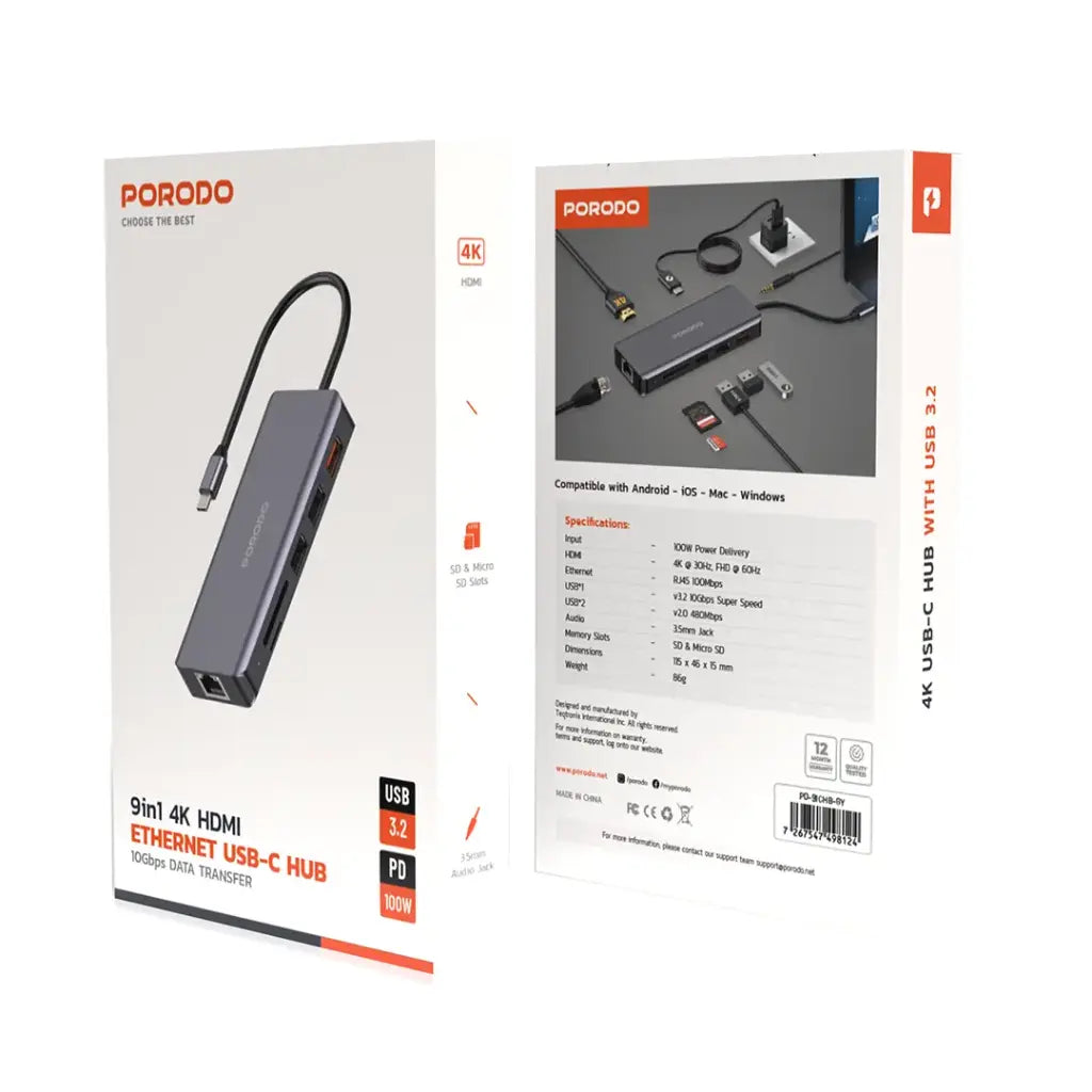 Porodo 9in1 USB-C Hub Type-C PD 100W HDMI Ethernet USB SD Card 3.5mm Aux - Gray