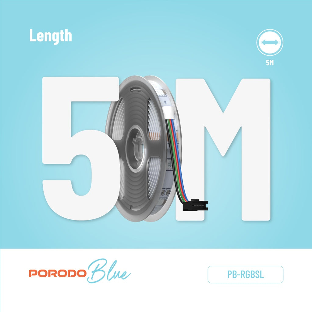 Porodo Blue 16.4 Ft Sound Reactive RGB Strip Light with 44 Key Remote