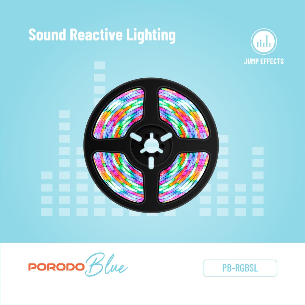 Porodo Blue 16.4 Ft Sound Reactive RGB Strip Light with 44 Key Remote