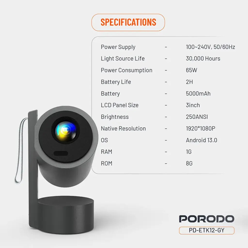 Porodo Full HD Smart Projector - Gray