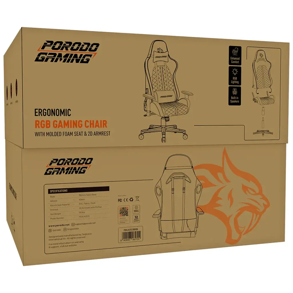 Porodo Gaming Ergonomic RGB Gaming Chair - Black/Orange