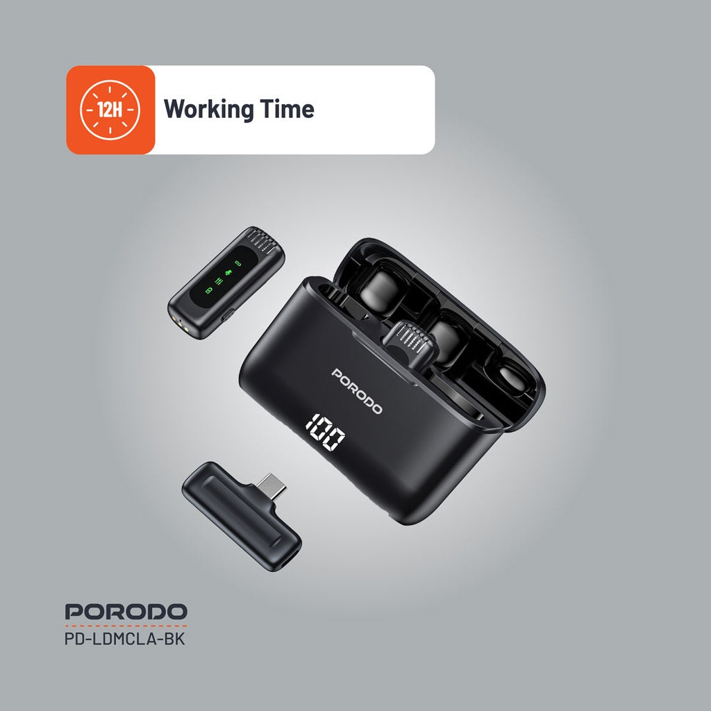 Porodo Lavalier Double Microphone with Charging Case - Black