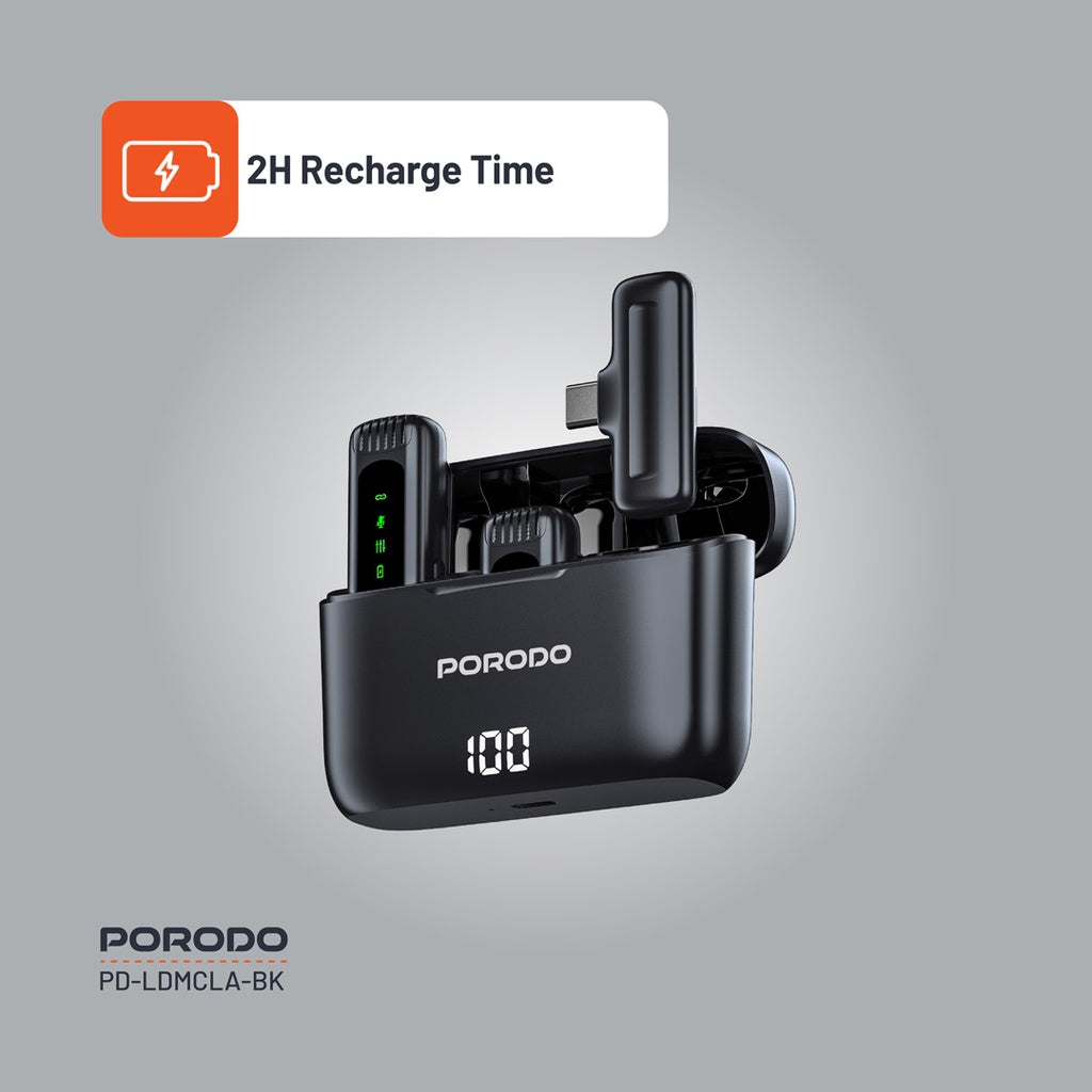 Porodo Lavalier Double Microphone with Charging Case - Black