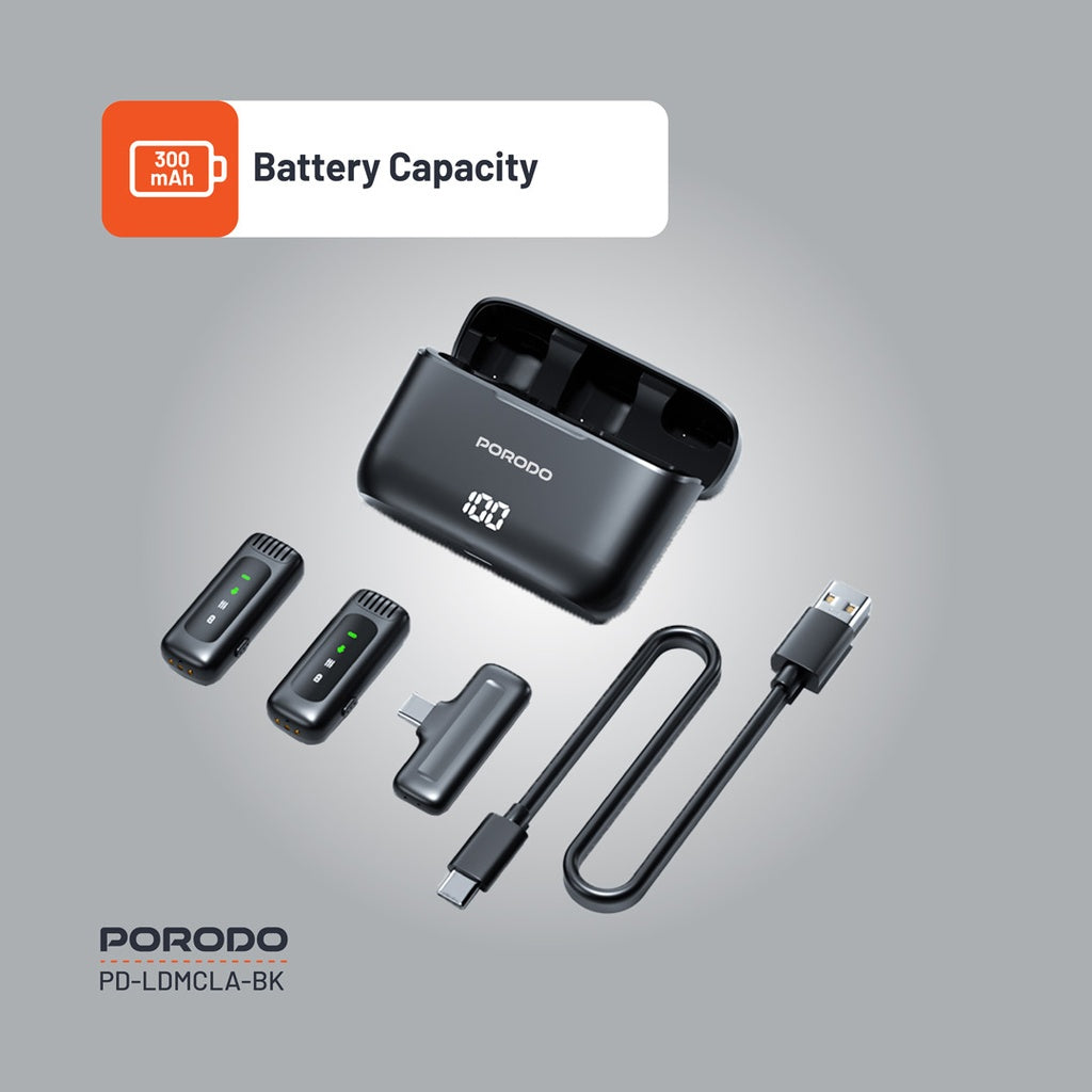 Porodo Lavalier Double Microphone with Charging Case - Black