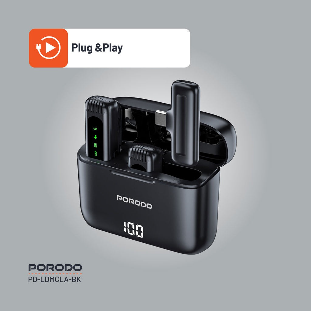 Porodo Lavalier Double Microphone with Charging Case - Black