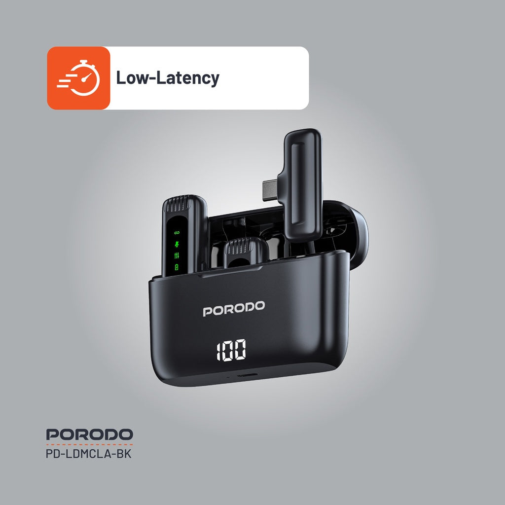 Porodo Lavalier Double Microphone with Charging Case - Black