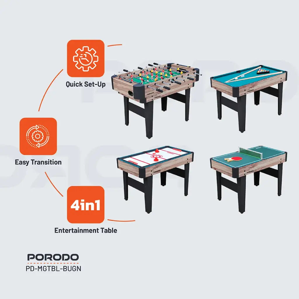 Porodo Lifestyle Multi-Game Table Foosball | Billiards | Hockey | Table Tennis - Brown