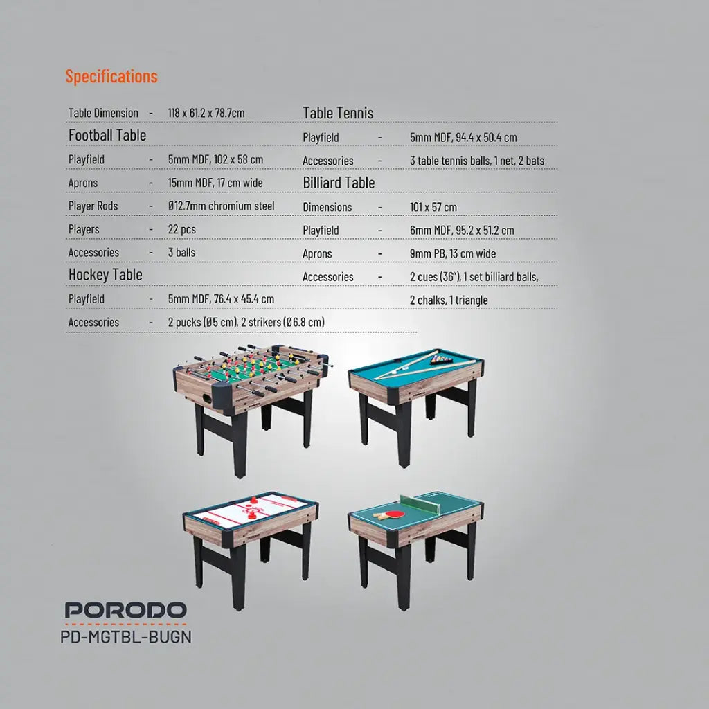 Porodo Lifestyle Multi-Game Table Foosball | Billiards | Hockey | Table Tennis - Brown