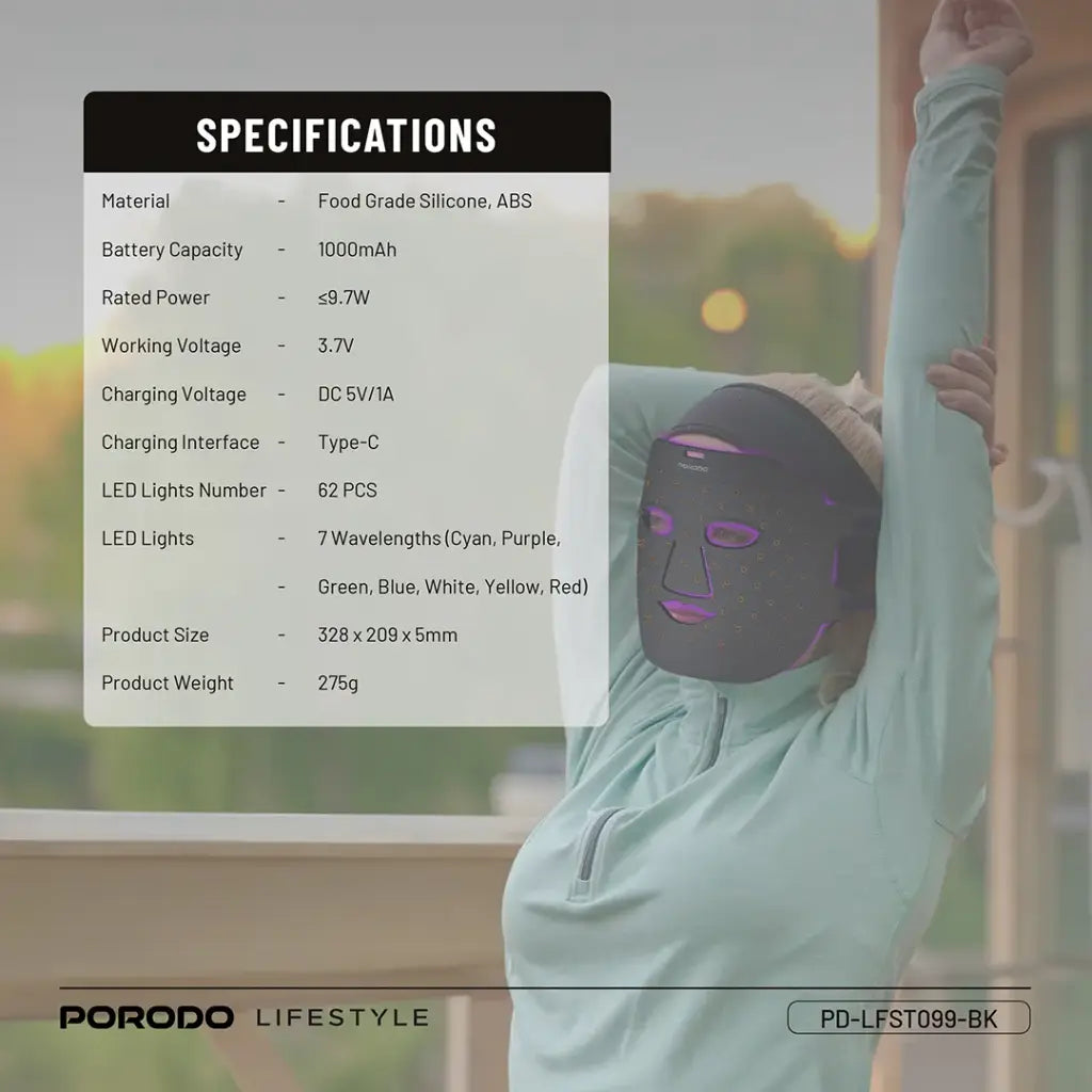 Porodo Lifestyle Red Light Therapy Face Mask - Black