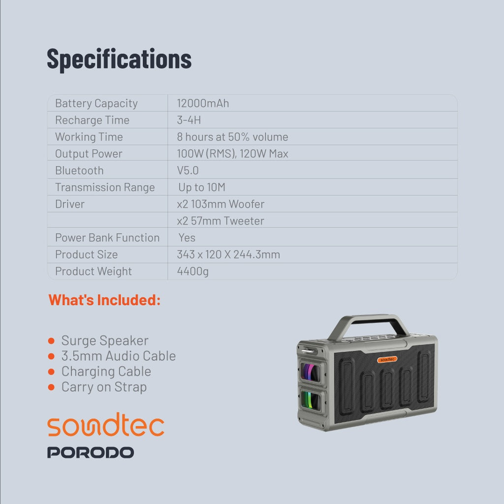 Porodo Soundtec Surge 2.2 Channel Party Speaker - Black