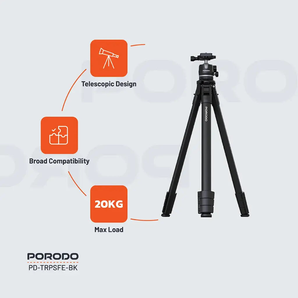 Porodo Ultra-Light Aluminum Tripod - Black