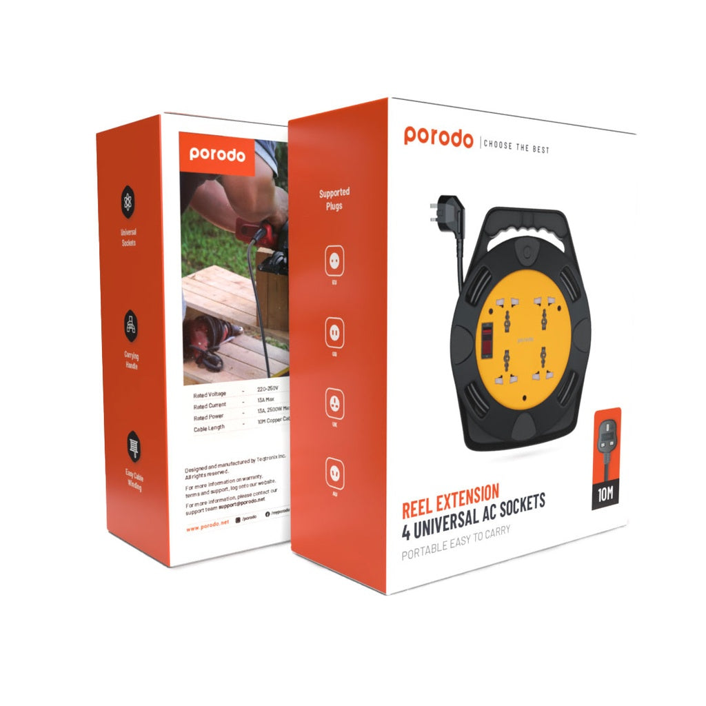 Porodo 4AC Extension Cable Reel with UK Plug (10m Wire) - Black