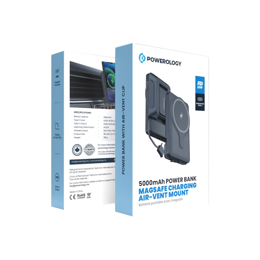 Powerology 5000mAh Power Bank With Magnetic Wireless Charger Car Mount