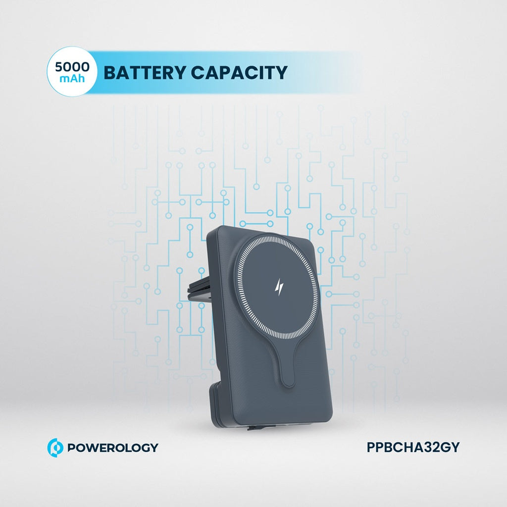 Powerology 5000mAh Power Bank With Magnetic Wireless Charger Car Mount