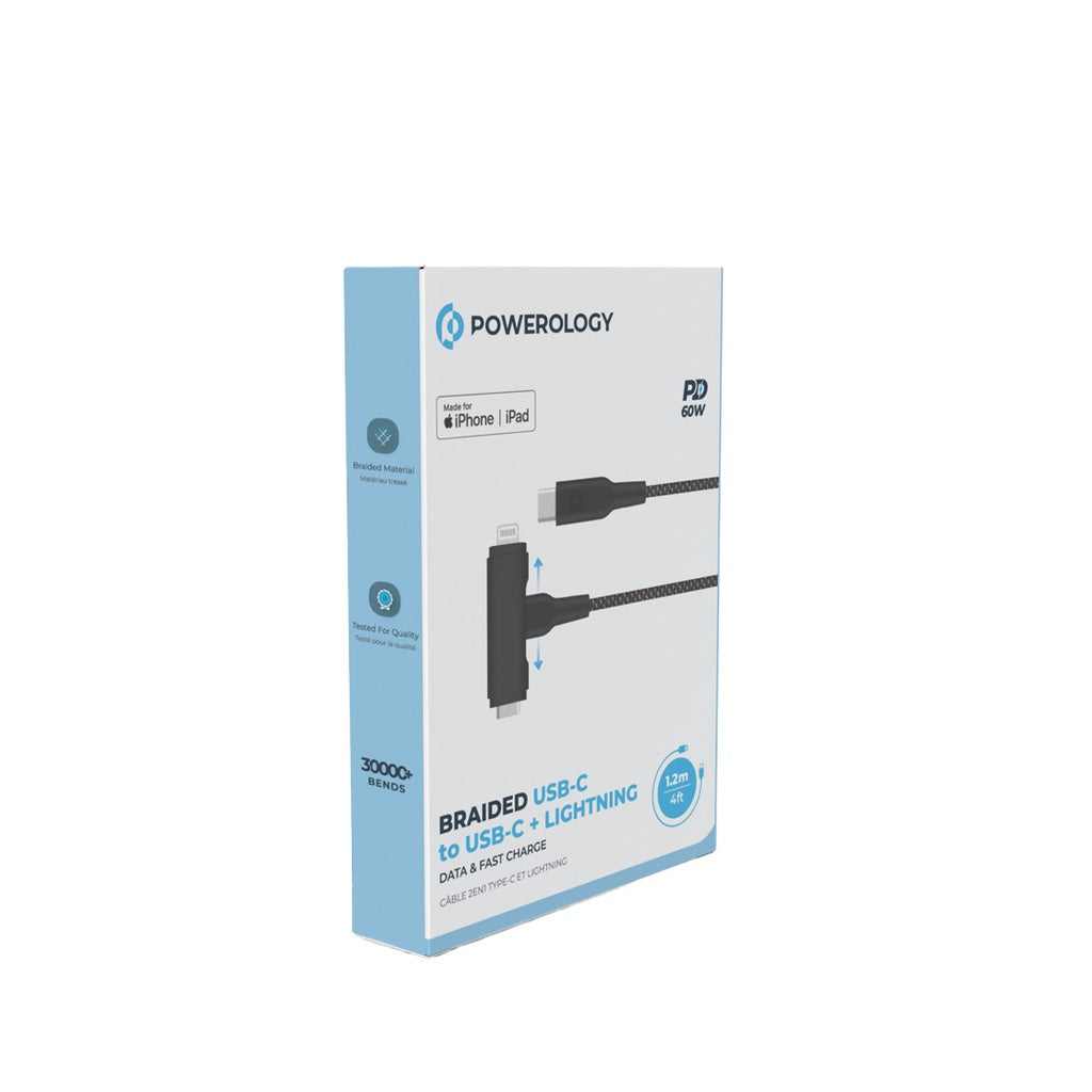Powerology MFI Braided Type-C to Type-C and Lightning 2in1 C94 Cable 1.2M