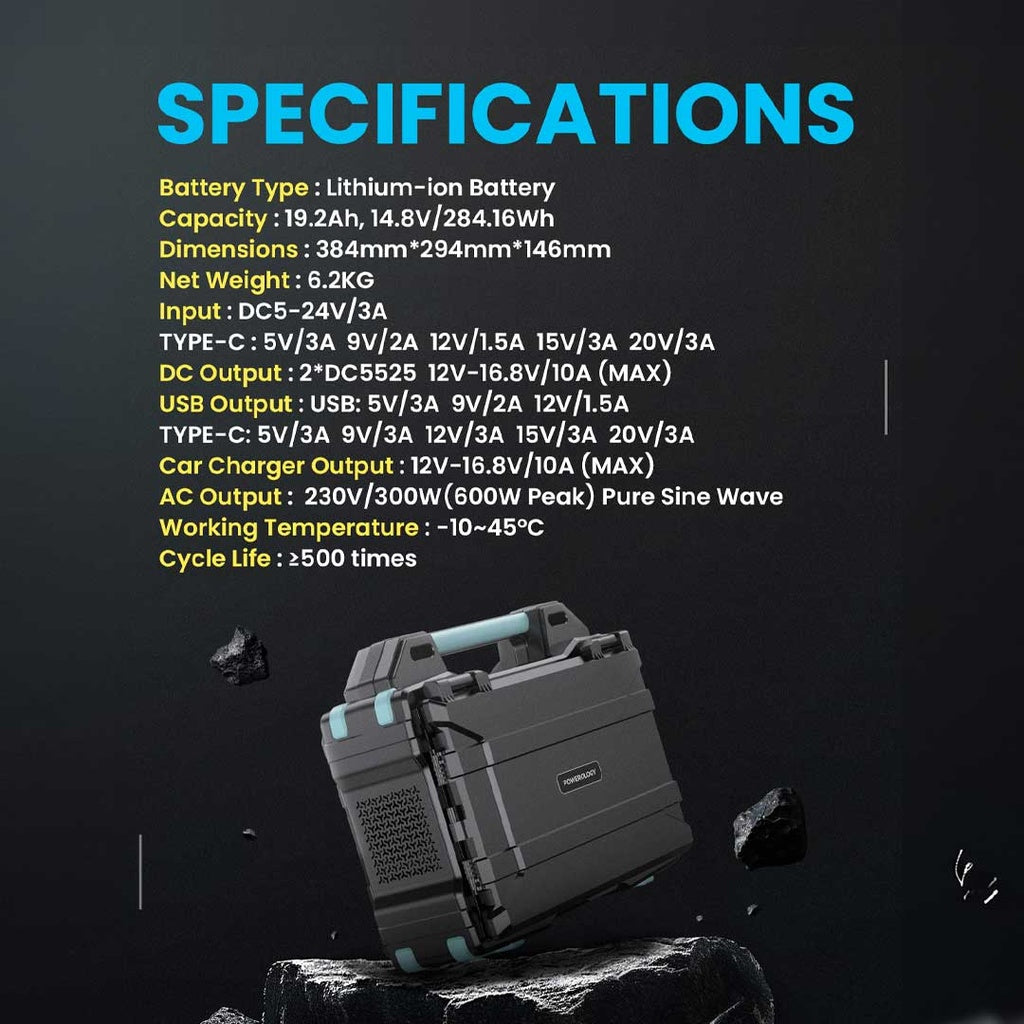 Powerology Portable Solar Power Generator 284Wh 300W QC - Black