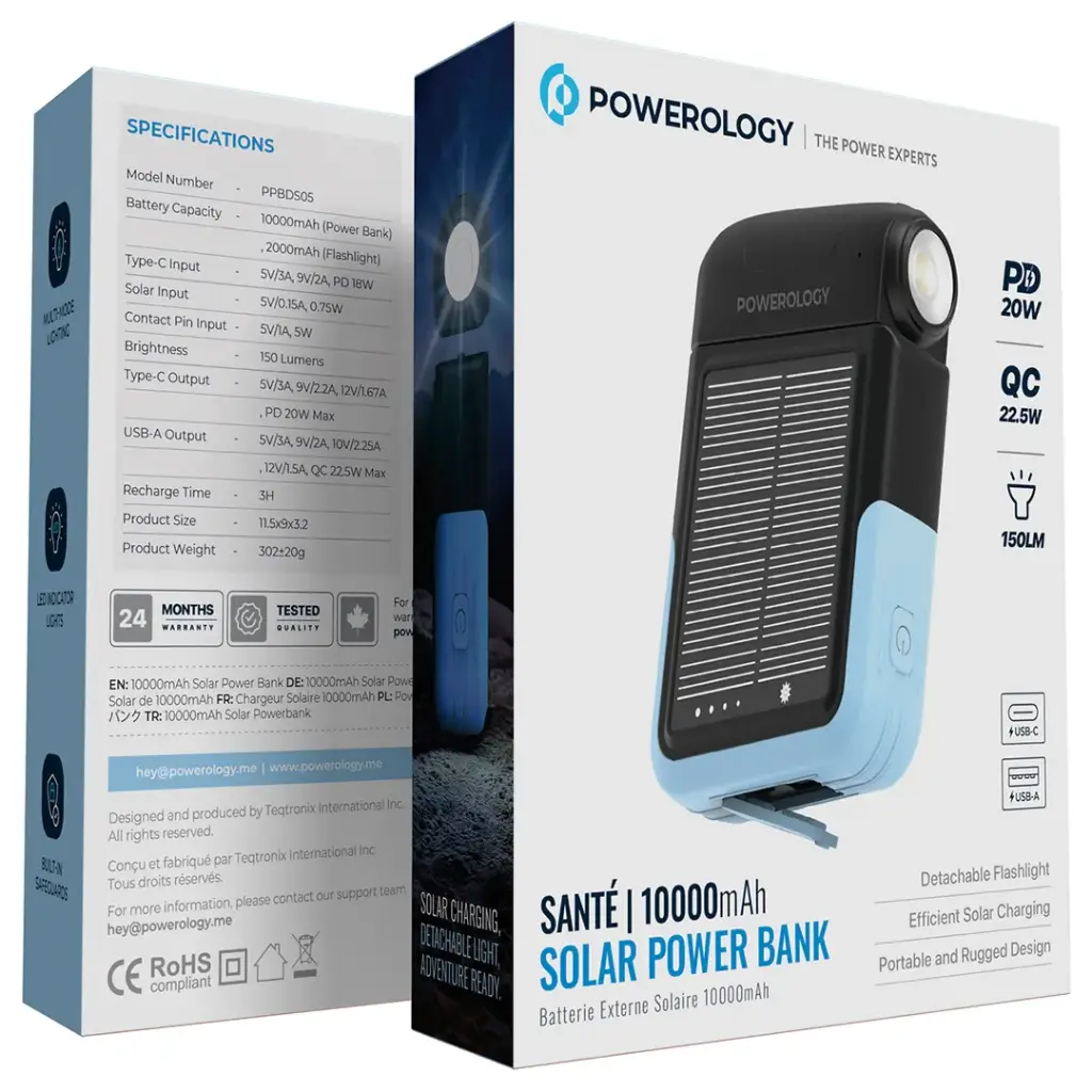 Powerology Sante 10000mAh Solar Power Bank - Black
